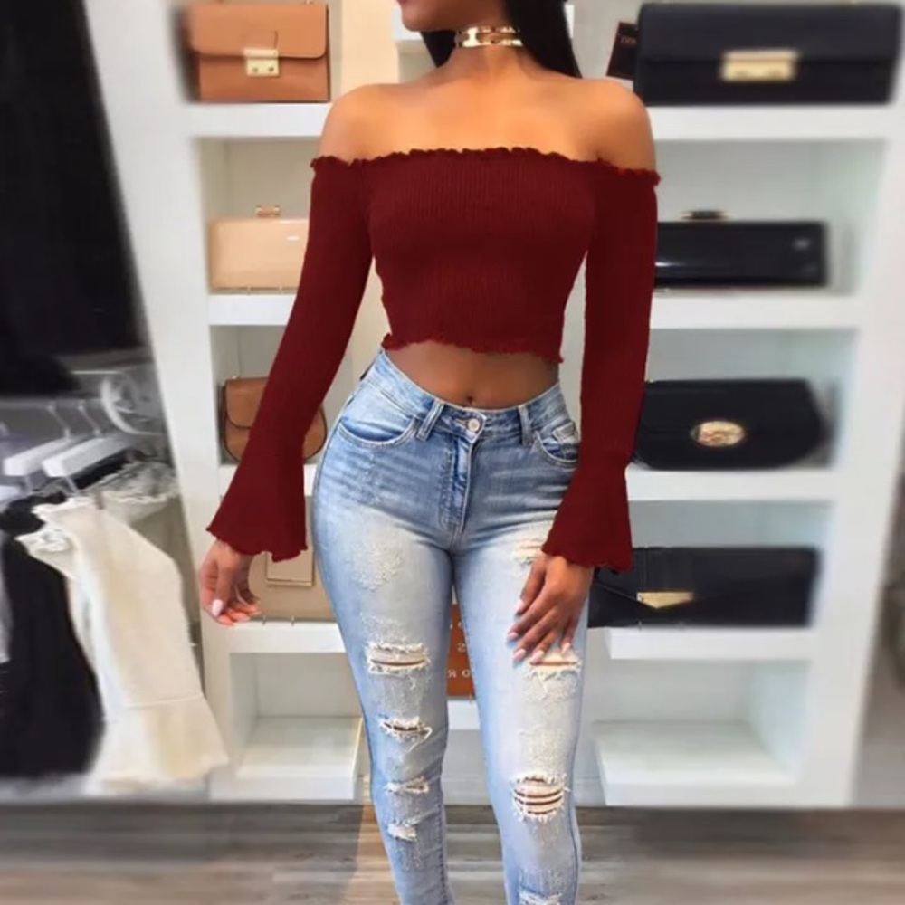 Burgundy Cropped Top L/S bell Sleeve - Picture 1 of 3
